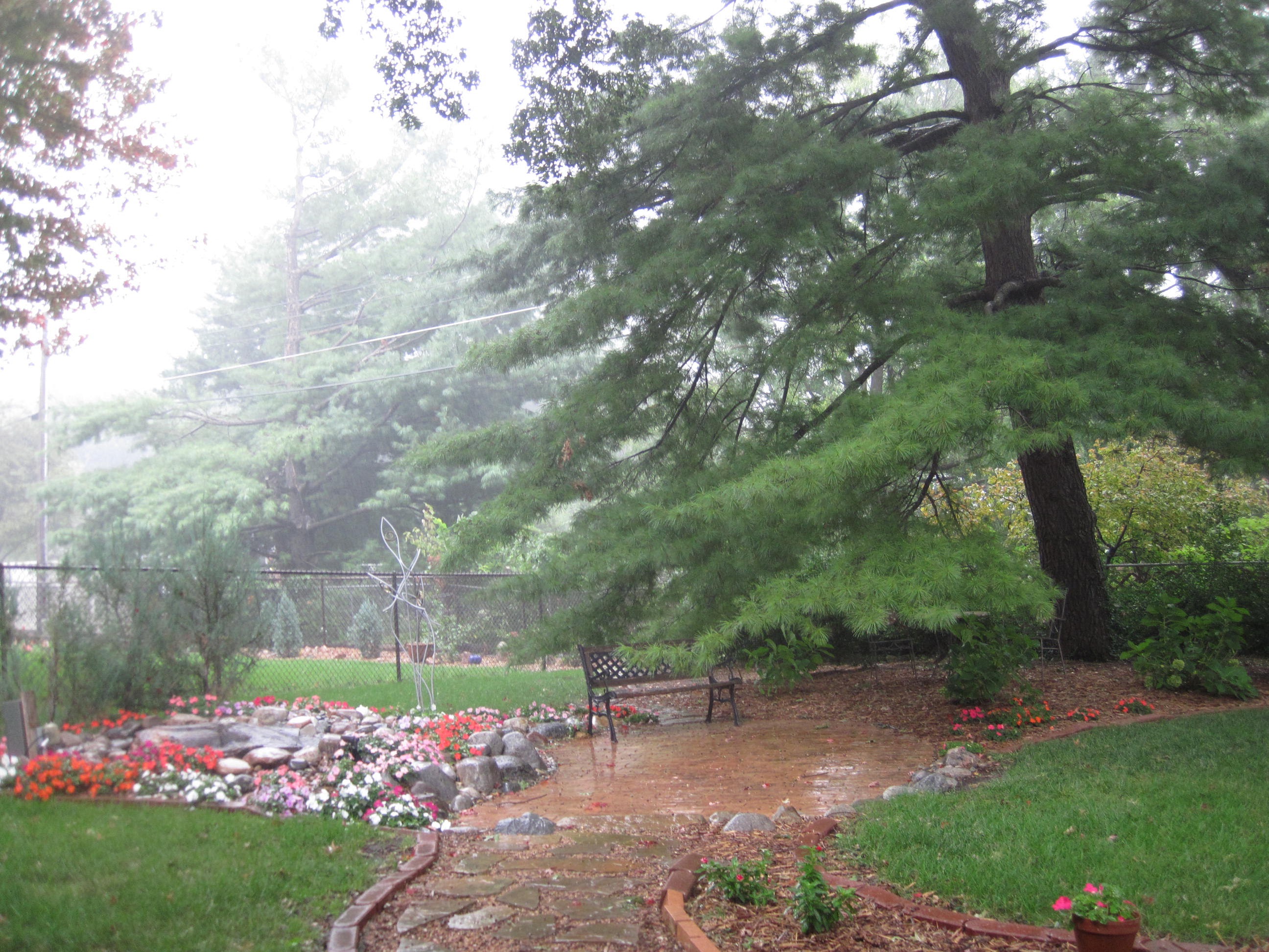 A Healhty Choice Massage Spa patio and fountain next to a wonderful pine tree 